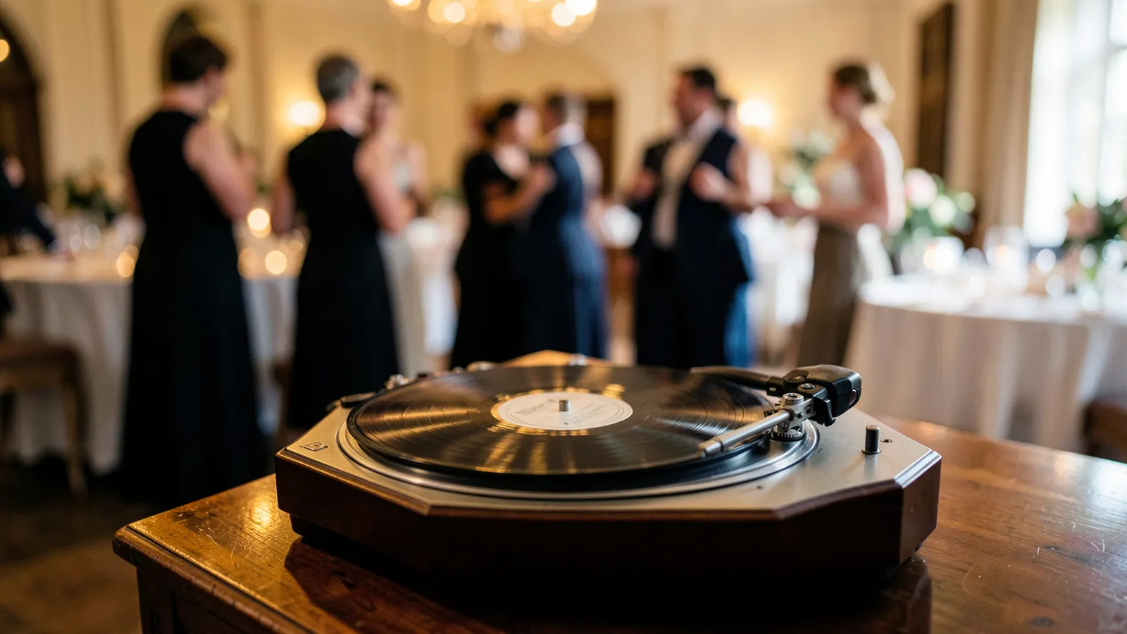 Couples dancing at a wedding reception with a vintage record player in the foreground.