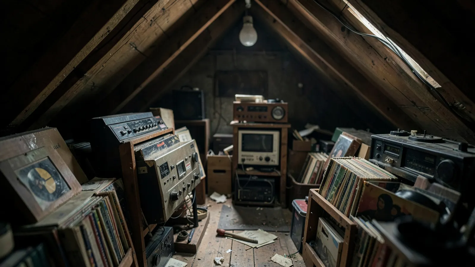 Dusty attic with old records and audio equipment, representing music history.