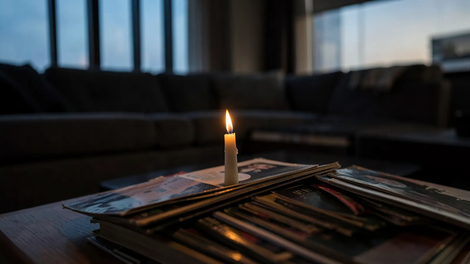 Fading candlelight on vinyl records in a dim living room.