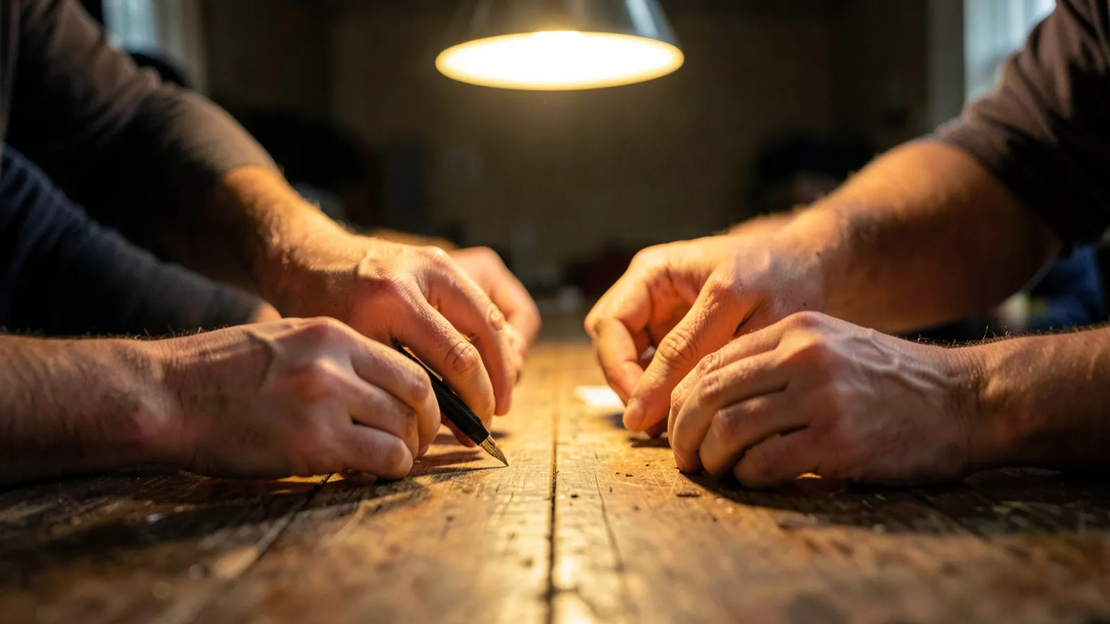 Four pairs of hands ready to write at a wooden table under a lamp.