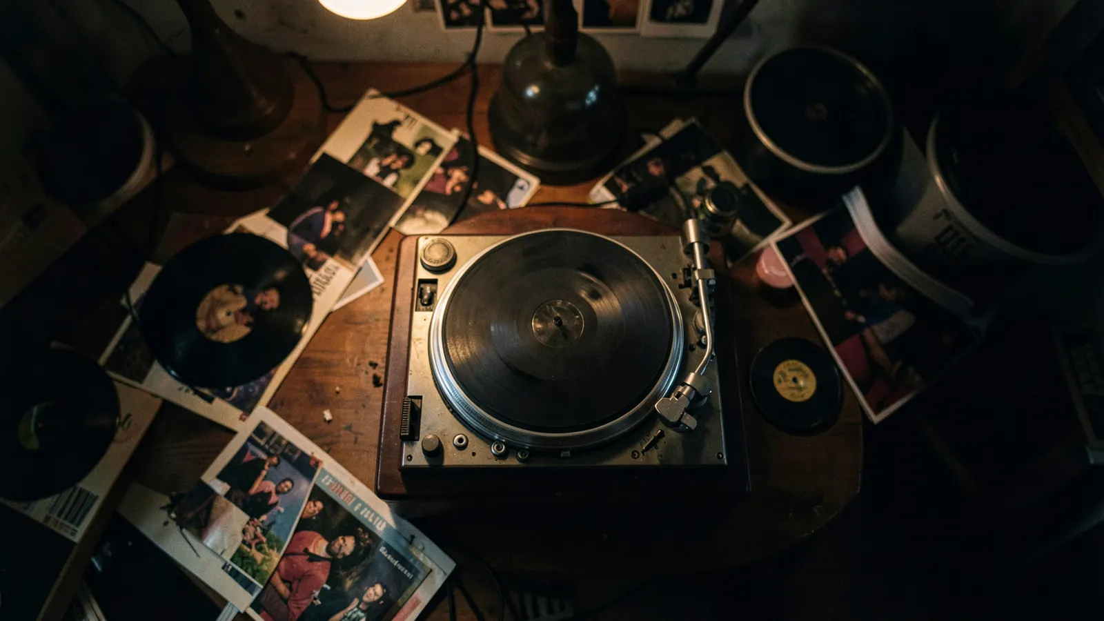 Vinyl records and a turntable in a dimly lit room, creating a mood of musical exploration.