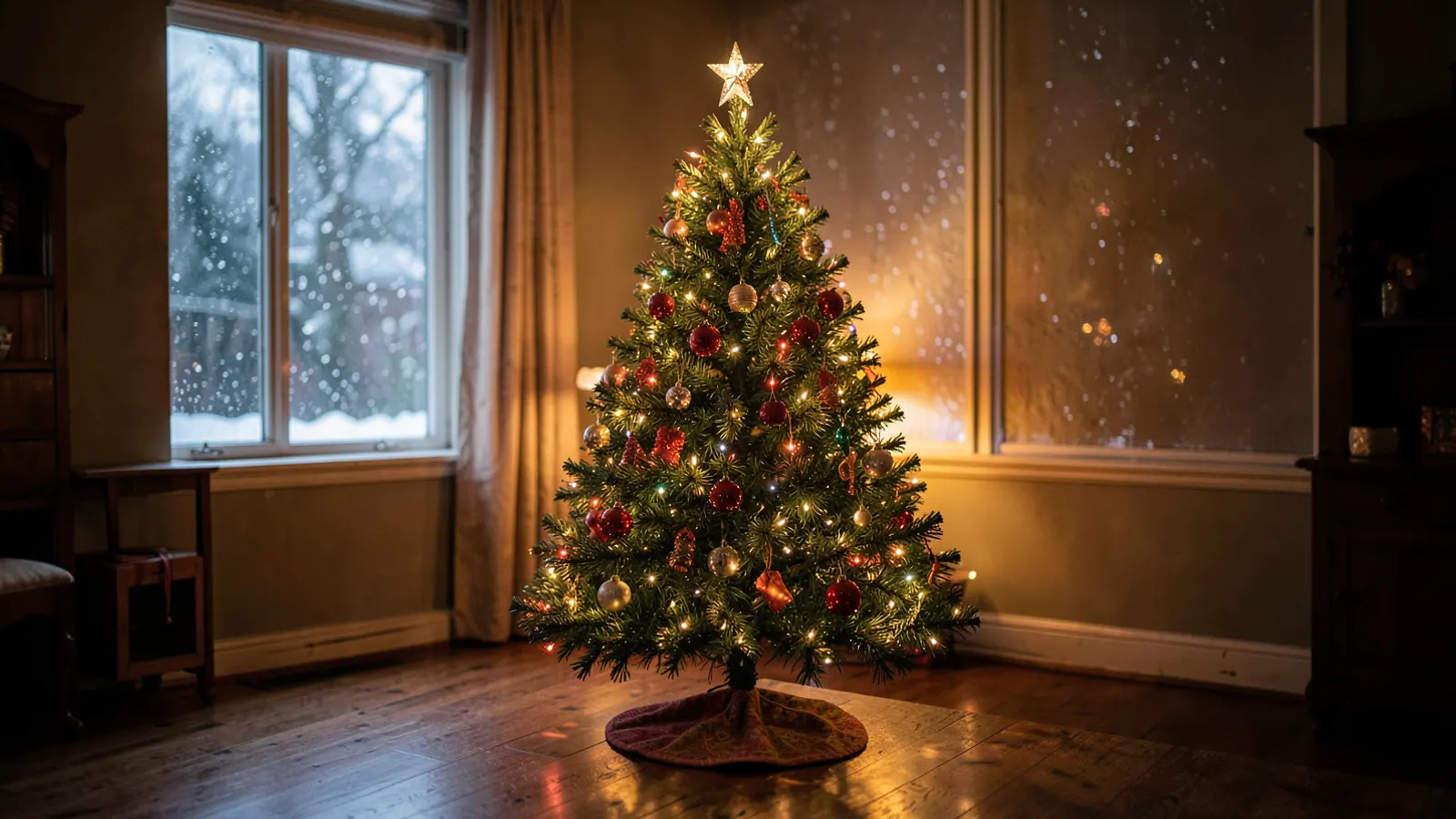 A Christmas tree in a cozy room with snow falling outside.