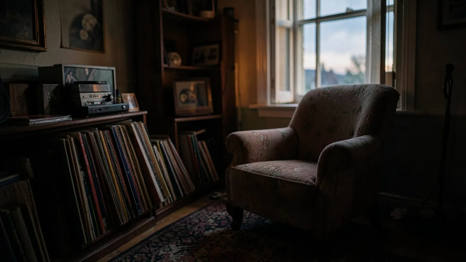 Living room with records and armchair, evoking nostalgia.
