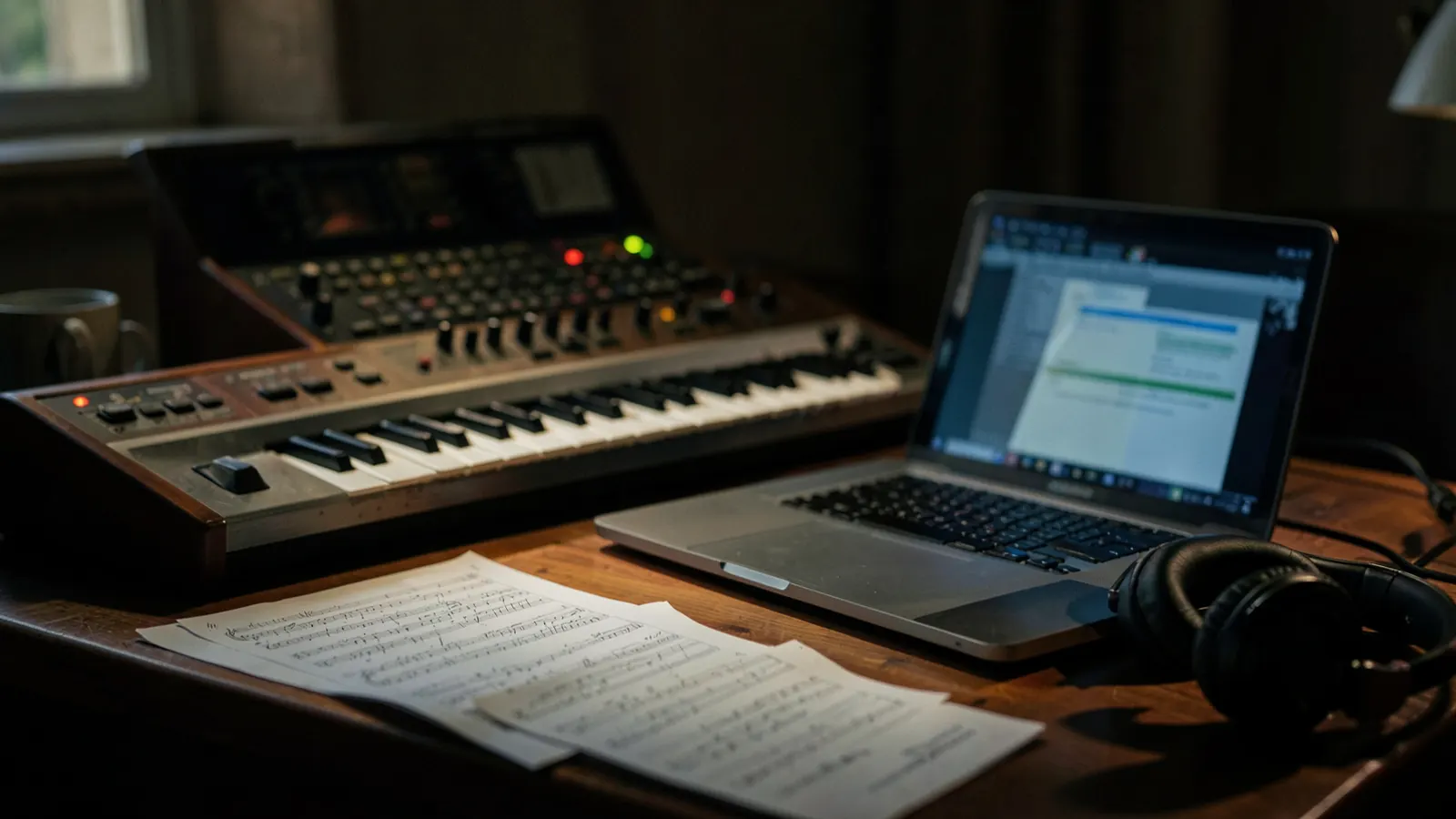 A synthesizer, laptop, and headphones in a dimly lit room with sheet music.