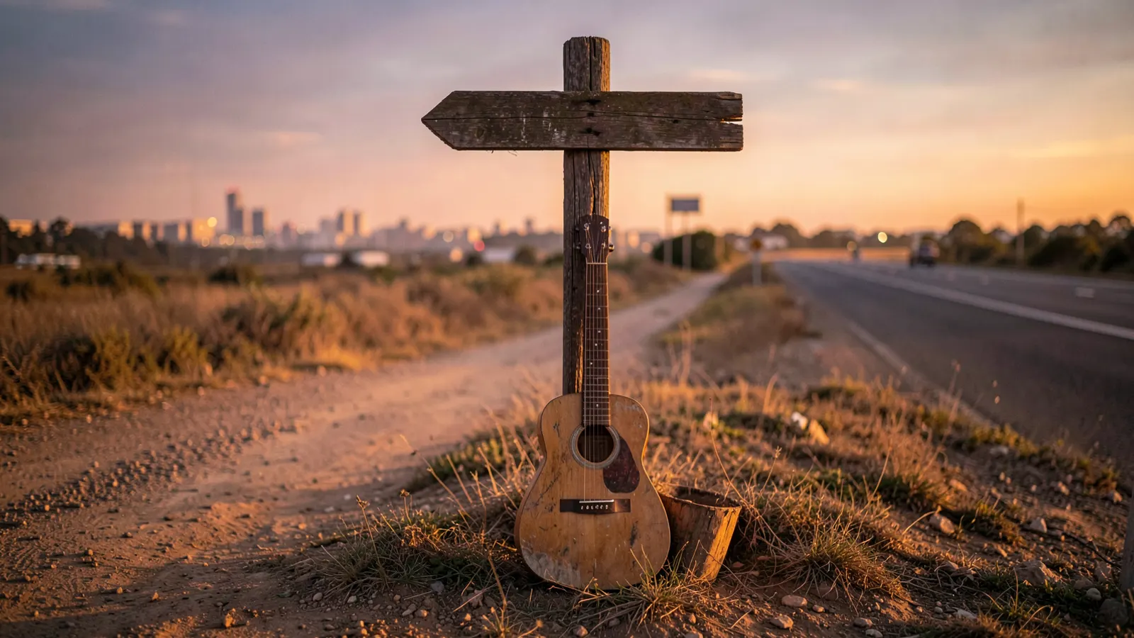 Dusty crossroads at twilight with acoustic guitar and directional signpost.