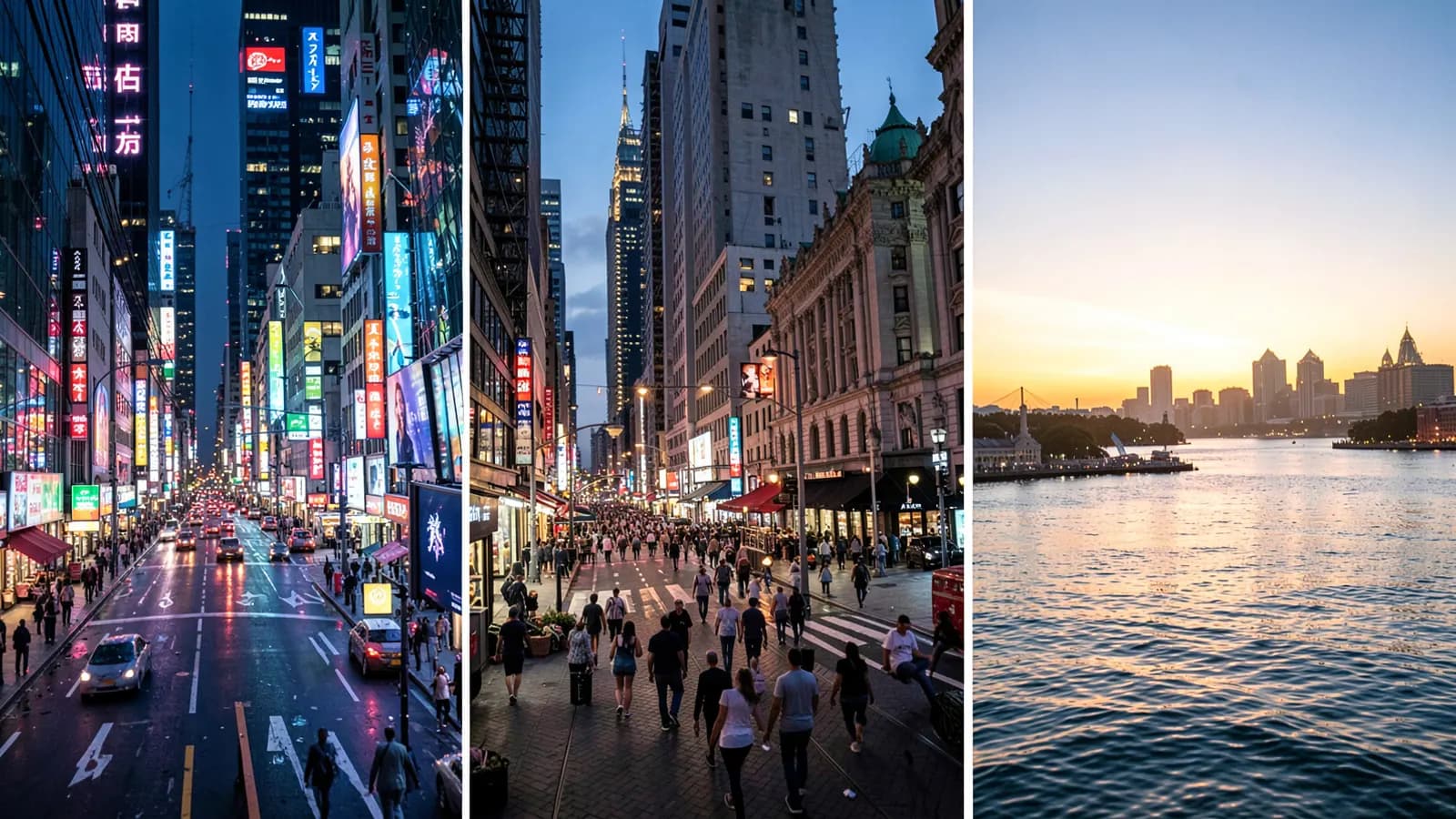 Three distinct cityscapes at dusk, representing different music cultures.